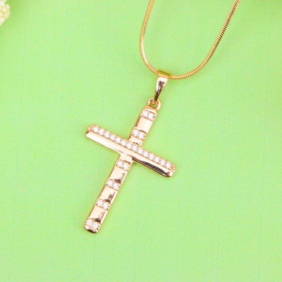"Rose Gold Cross Pendant with CZ Stripes in Geometric Modern Design, XPPT1821 - Picture 2 of 12